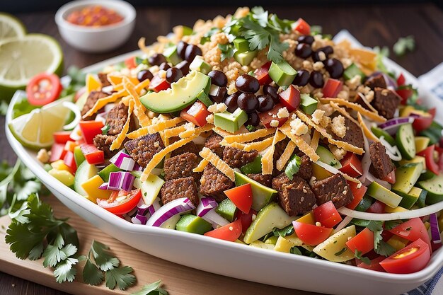 A modern twist on a classic dish a taco salad with layers of crispy tortilla and of fresh vegetables