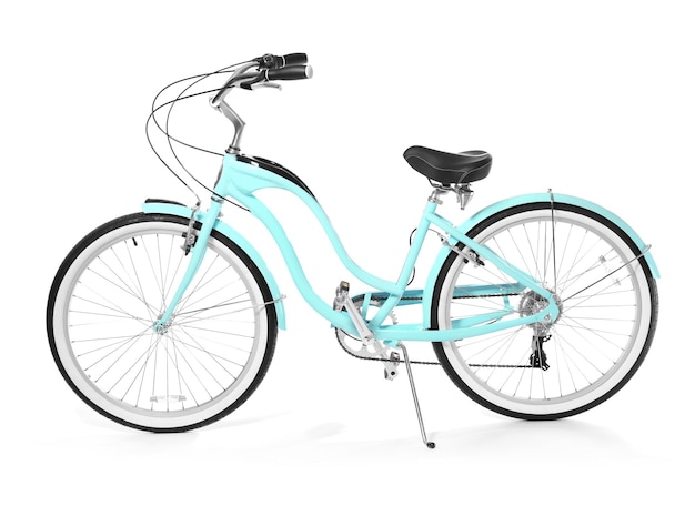 Modern twowheeled bicycle on white background