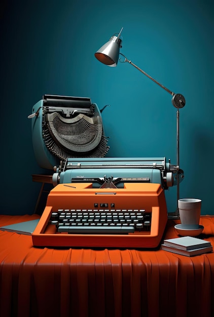 the modern typewriter and a laptop are in focus in the style of dark orange and skyblue