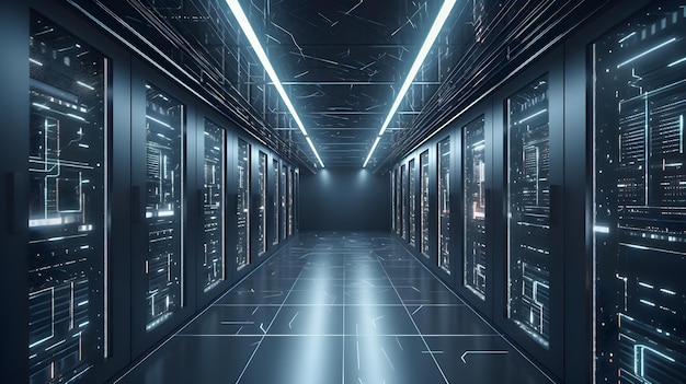 Современная и совершенная серверная комната со стойками, заполненными серверами Компьютеры-серверы с базами данных huddatabase