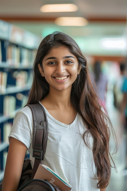 In the modern university or college campus library a smiling cute pretty Indian girl a positive