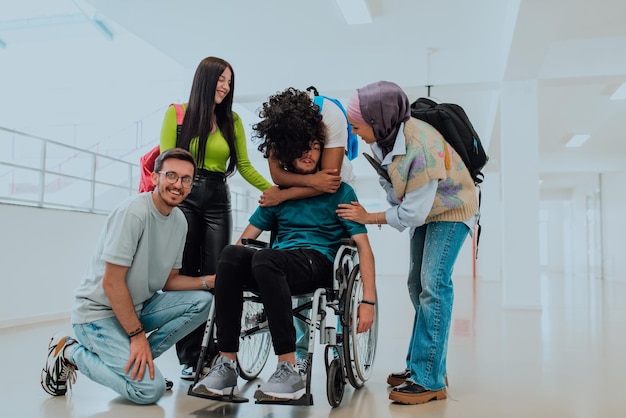 In a modern university a diverse group of students including an african american student and a hijab