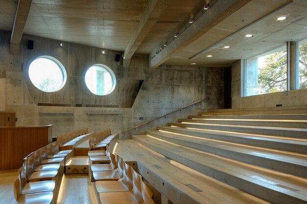 木製 の 座席 と 太陽 の 照らさ れ た 窓 が ある 現代 的 な 大学 の 講義 室