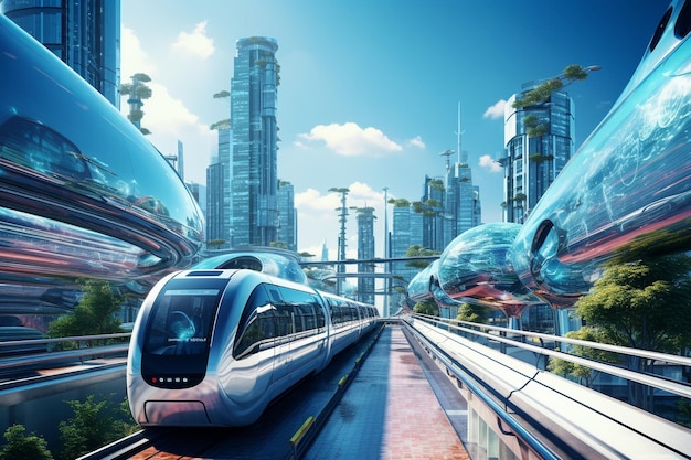 Modern unmanned subway car on the street of a future green city a futuristic city with electric publ