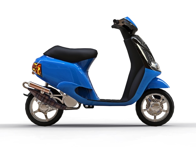 Modern urban black and blue moped on a white surface