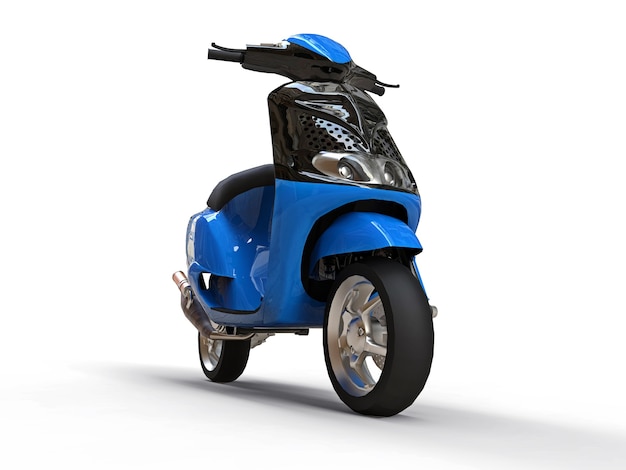 Modern urban black and blue moped on a white surface