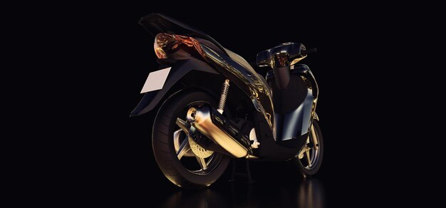 Modern urban black moped on a black background. 3d illustration.