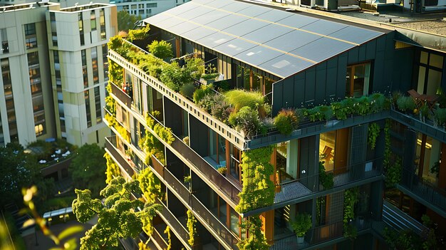 Photo modern urban building with solar panels and roof