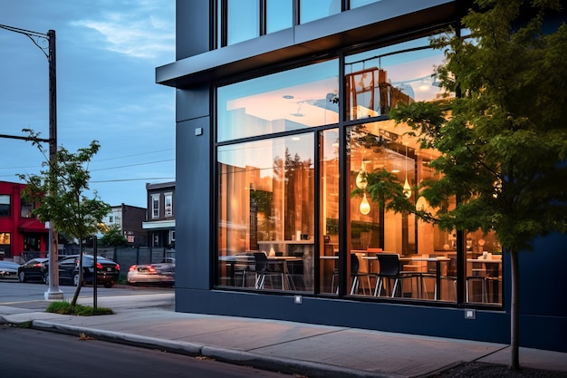 Modern urban cafe exterior during twilight with interior lights glowing cars on street