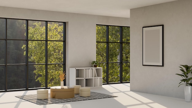 Modern urban living room interior with coffee table stools and frame mockup on white wall