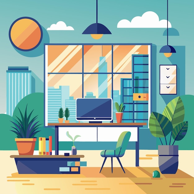modern urban office with green plants and vibrant decor
