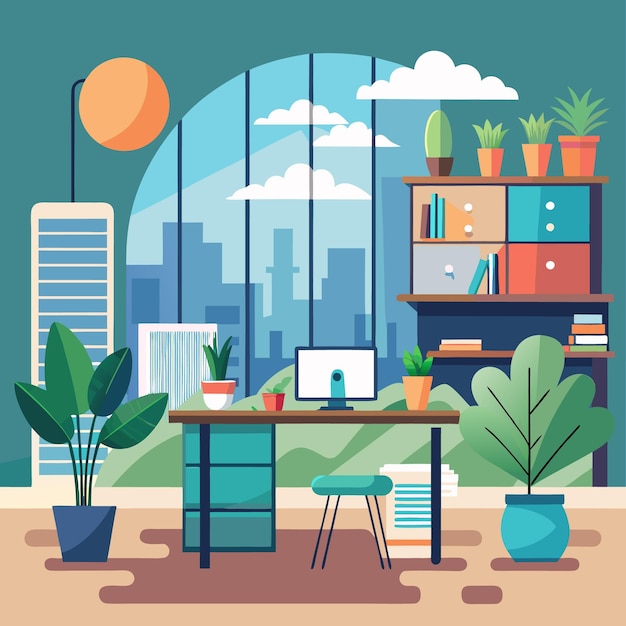 modern urban office with green plants and vibrant decor