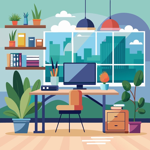 modern urban office with green plants and vibrant decor