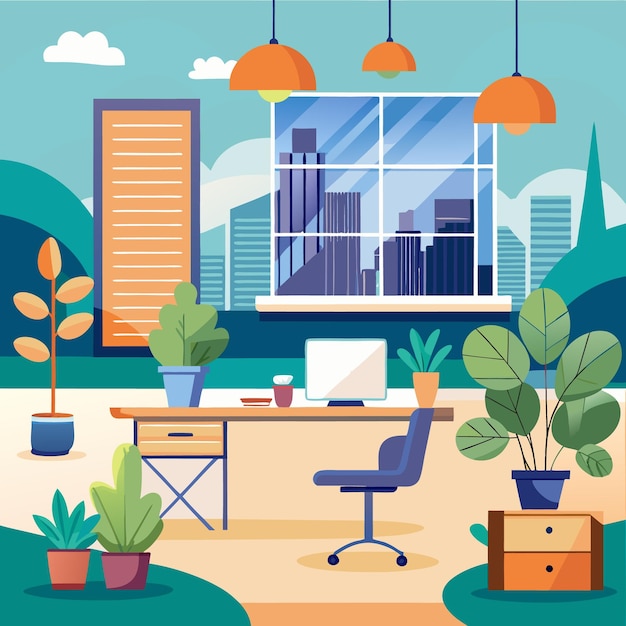 modern urban office with green plants and vibrant decor