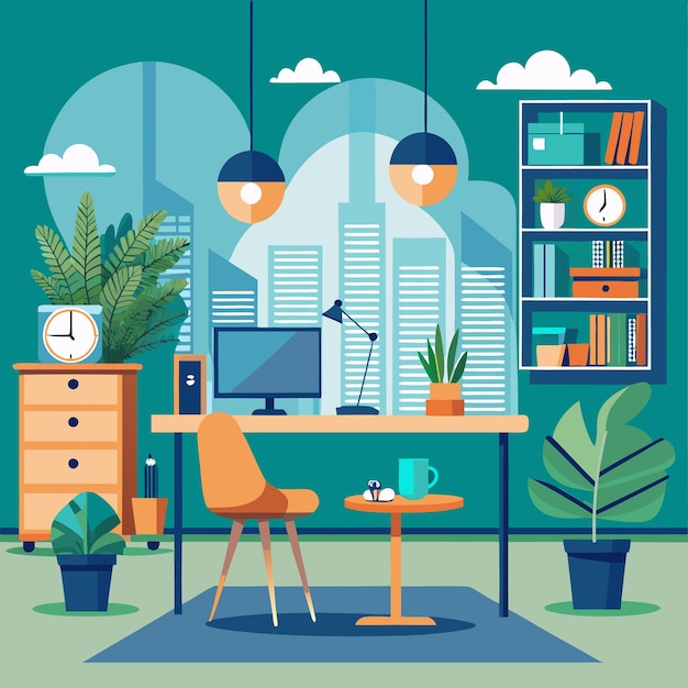 modern urban office with green plants and vibrant decor
