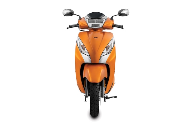 Modern urban orange moped on a white background.