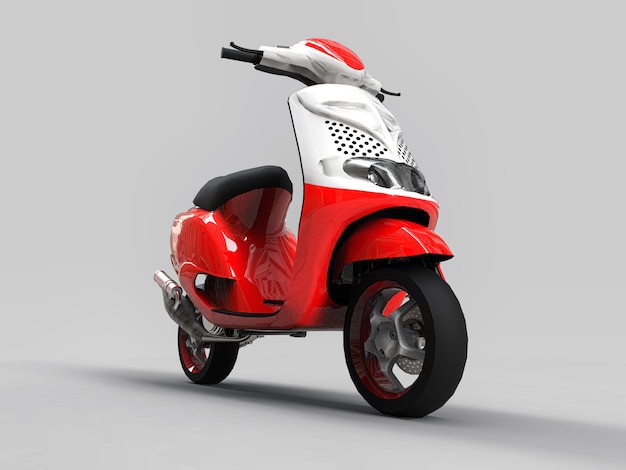 Modern urban red and white moped on a light gray background. 3d illustration.