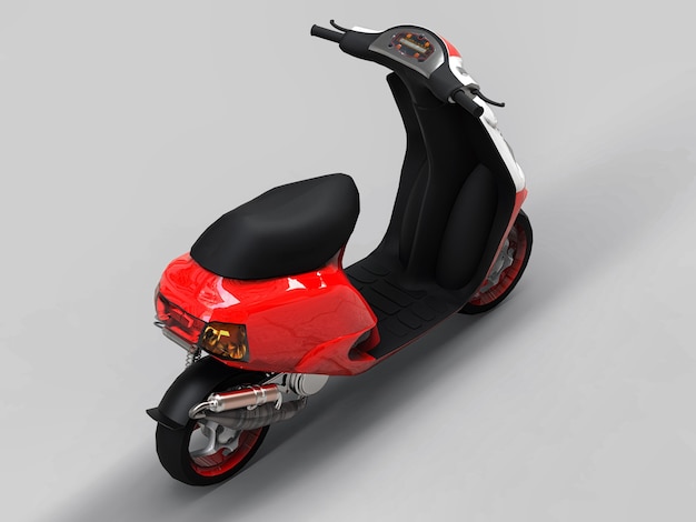 Modern urban red and white moped on a light gray background. 3d illustration.