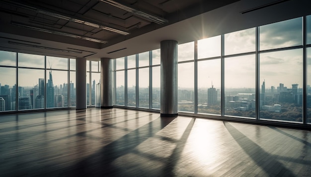 Modern urban skyline reflects in clean glass of futuristic skyscraper generated by artificial intelligence