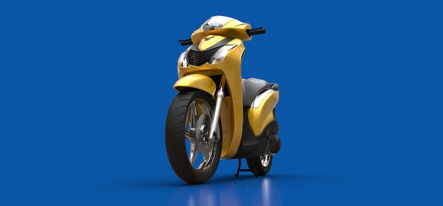 Modern urban yellow moped on a blue background. 3d illustration.