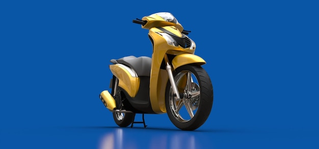 Modern urban yellow moped on a blue background 3d illustration