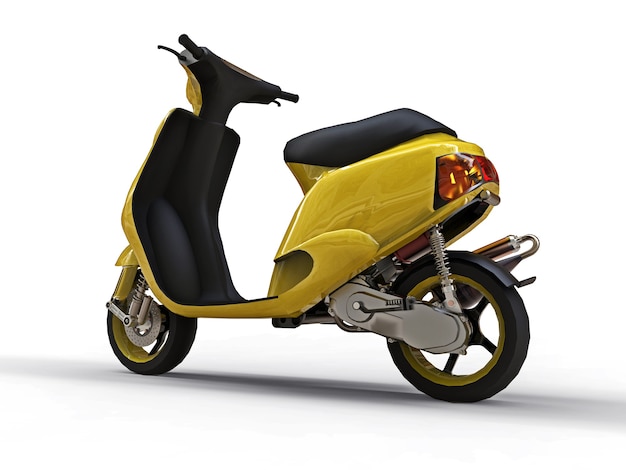 Modern urban yellow moped on a white surface