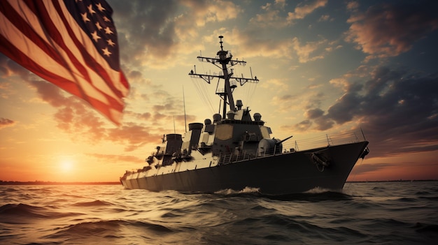 Современный военный корабль ВМС США с флагом США