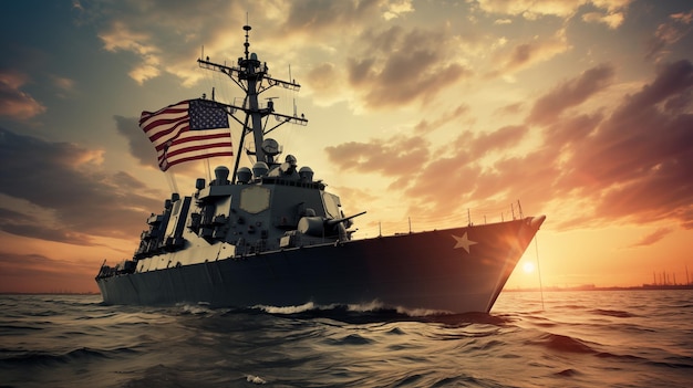 A modern US Navy warship with the US flag