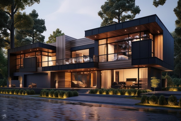 Modern villa in the evening