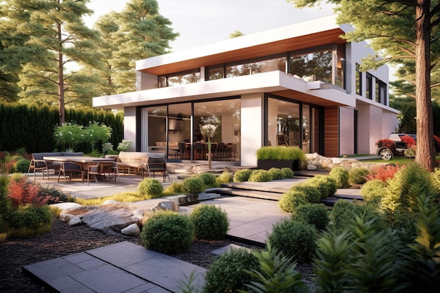 Modern villa exterior luxury residential house with big windows generative AI