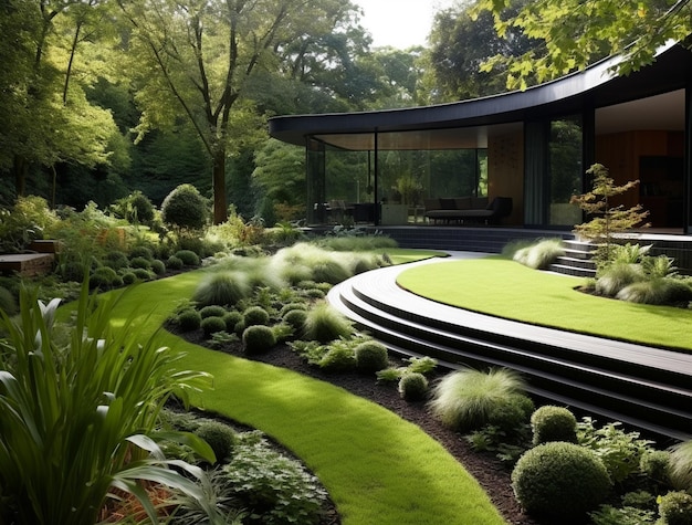 Modern villa exterior with lawn