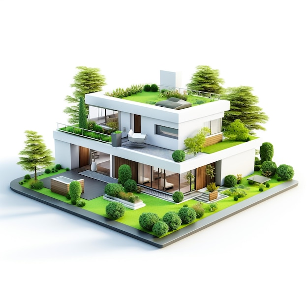 Photo modern villa in green land 3d render