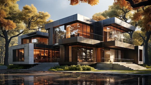 Photo modern villa in green land 3d render