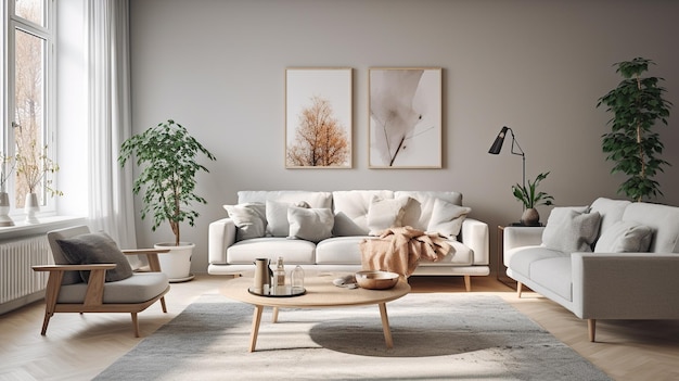 モダンなヴィラのリビングルームデザイン インテリア ベージュ色の家具 明るい壁 ハードウッドの床 ソファ 椅子 ランプで リラックスするコンセプト