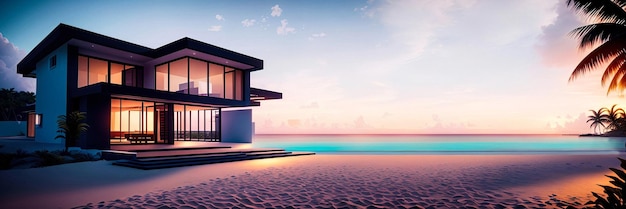 Modern villa in tropical landscape at sunset wide image