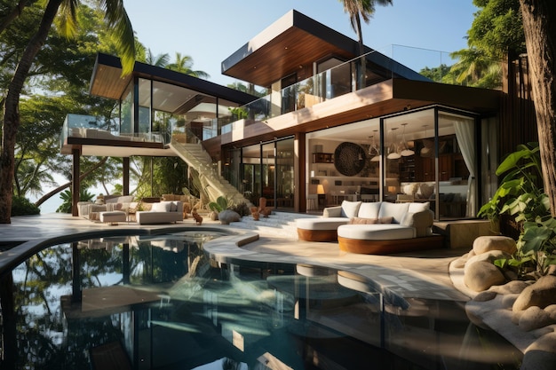 Modern villa on a tropical sand beach among palm trees