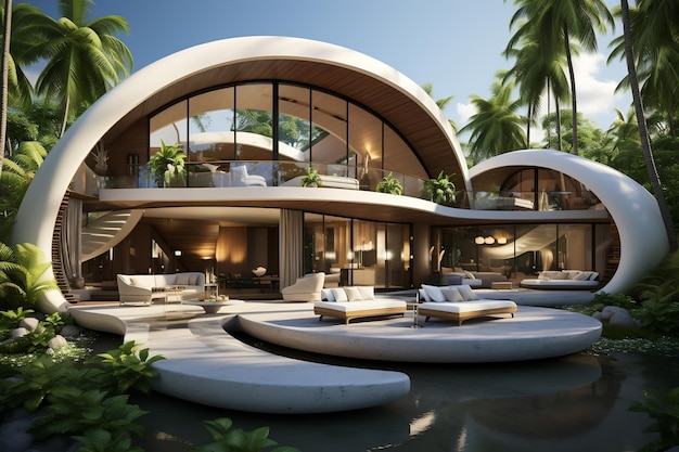 Modern villa on a tropical sand beach with palm trees Minimalist house featuring round curved shape