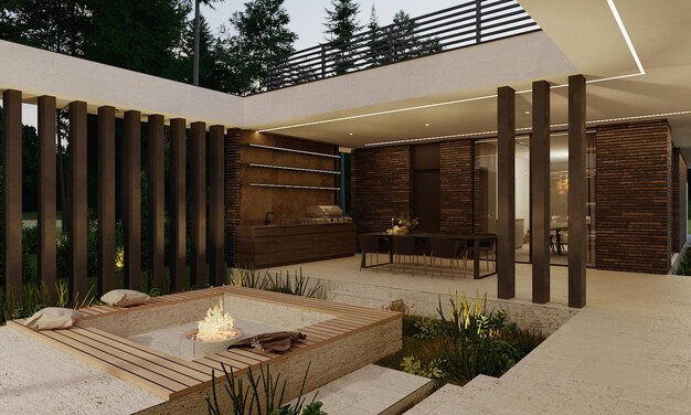 Modern villa with a large terrace and panoramic windows. 3d visualization.Evening illumination