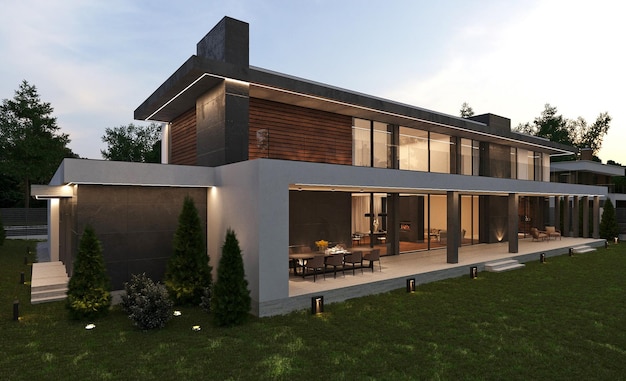 Modern villa with a large terrace and panoramic windows. 3d visualization. Unique architecture. Even