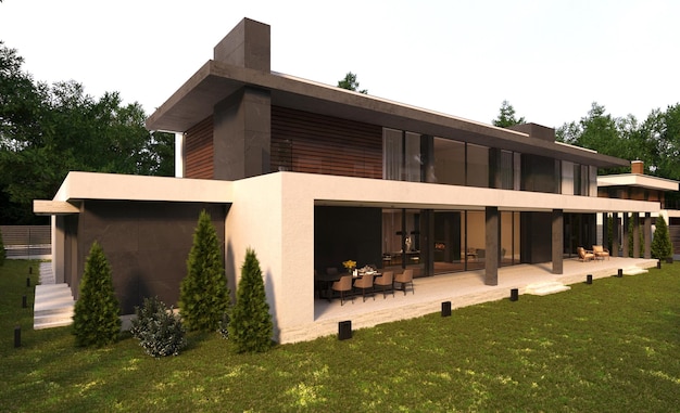 Modern villa with a large terrace and panoramic windows. 3d visualization. Unique architecture