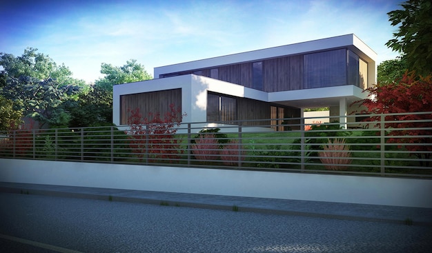 Modern villa with a large terrace and panoramic windows. 3d visualization. Unique architecture.