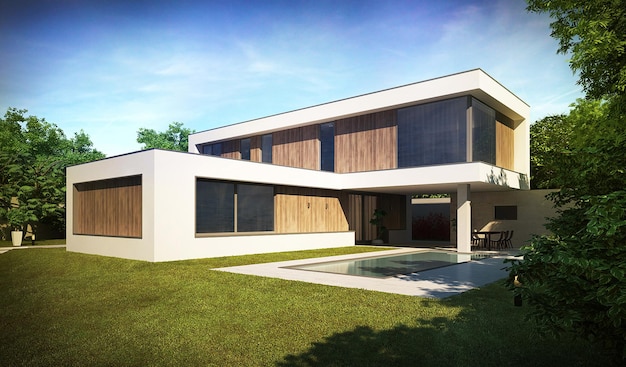 Modern villa with a large terrace and panoramic windows. 3d visualization. Unique architecture.