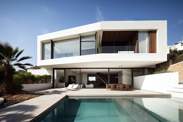 Modern villa with minimalist exterior and sleek interior design created with generative ai