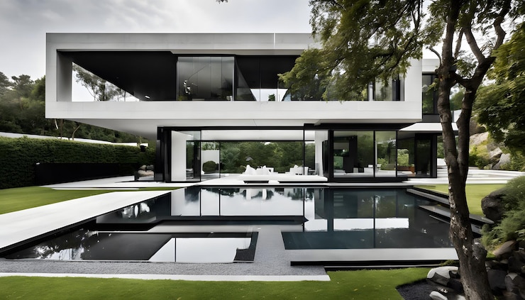 Photo modern villa with stacked volumes glass windows and minimalist garden design