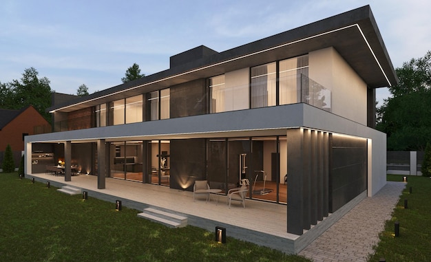 modern villa with a terrace and panoramic windows. 3D visualization. luxury home