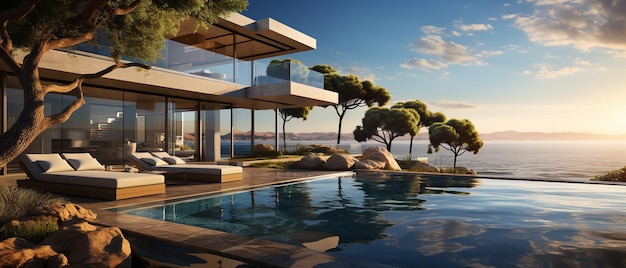 Photo modern villa with terrace pool and ocean view modern villa by the ocean modern houses exterior