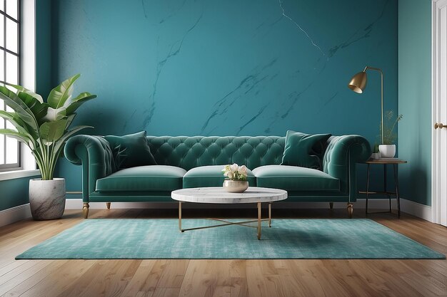 Modern vintage interior of living roomblueprint home decor concept green couch with marble table on blue wall and hardwood flooring 3d render