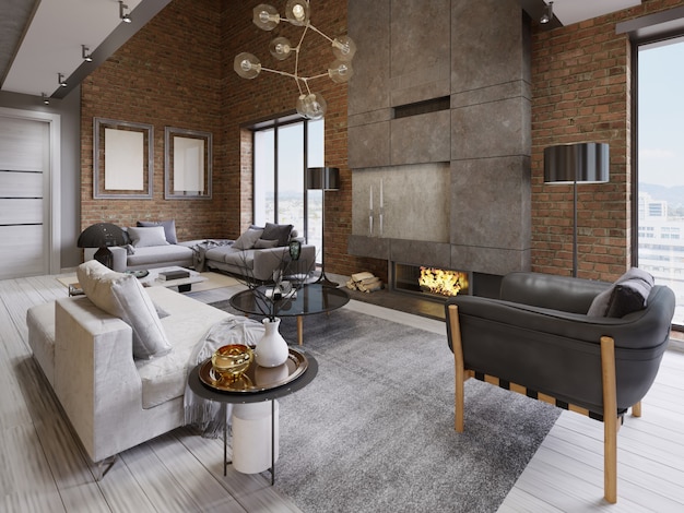 Modern vintage loft apartment living room. 3d rendering