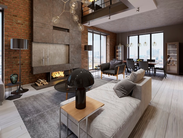 Modern vintage loft apartment living room. 3d rendering