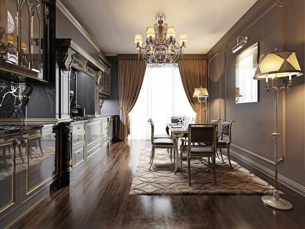 ダークカラーの黒のクラシックな家具を備えたモダンなヴィンテージのレトロなキッチンデザイン。 3Dレンダリング